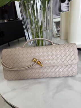 Woven Leather Top-Handle Clutch in Light Beige with Gold Hardware